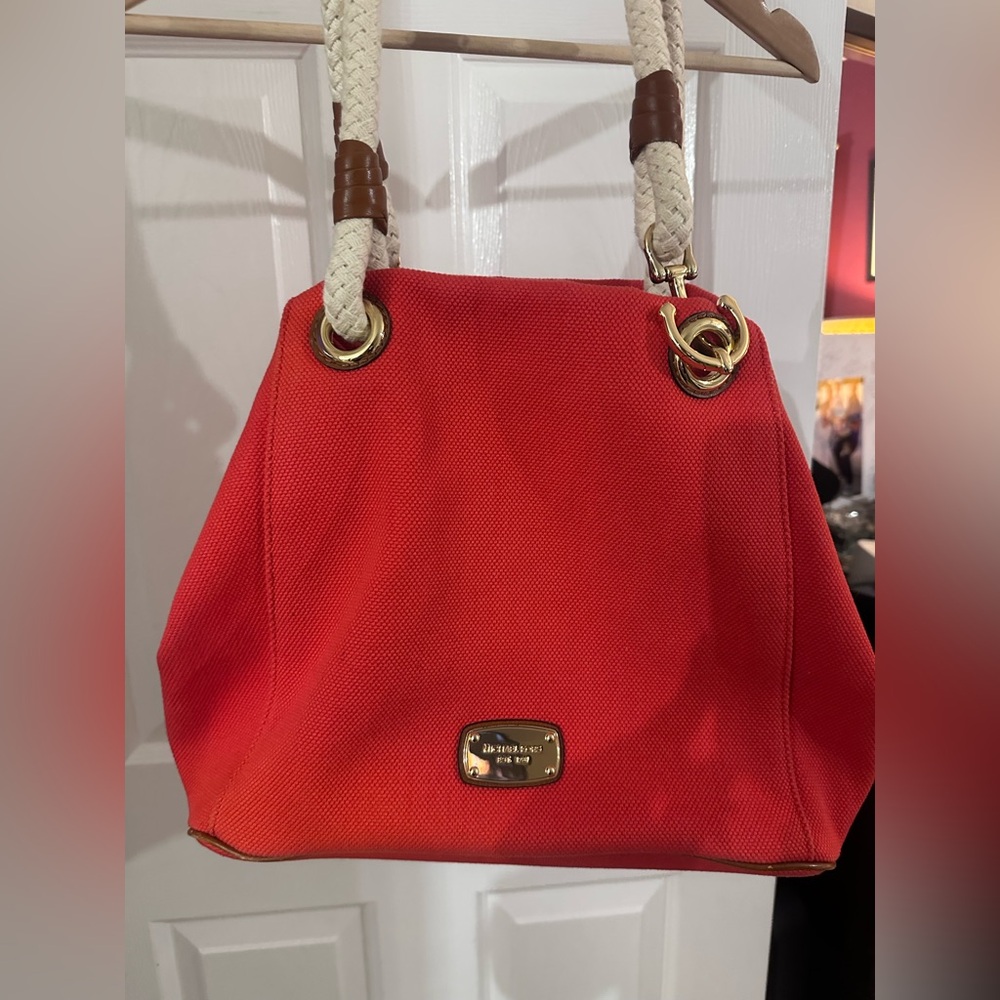 Michael Kors Red Canvas Shoulder Bag with Braided Handles and Anchors